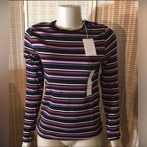 a Day Womens Medium Top T-shirt Purple Stripe Crew Neck Long Sleeve MEDIUM